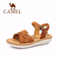Camel Beaded Leather Hollow Out Soft Peep Toe Buckle Platform Sandals