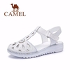 Camel Flower Leather Hollow Out Breathable T Strap Hook Loop Flat Sandals