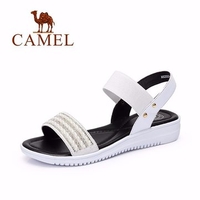 Camel Knitting Weave Leather Button Elastic Peep Toe Slip On Flat Sandals