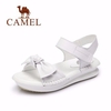 Camel Leather Bowknot Soft Hook Loop Peep Toe Pure Color Flat Sandals