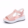 Camel Leather Hollow Out Breathable Hook Loop Peep Toe Platform Sandals