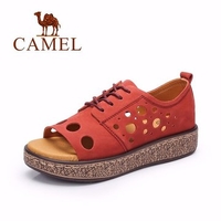 Camel Leather Hollow Out Soft Breathable Lace Up Flat Casual Sandals