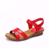 Camel Leather Hollow Out Soft Confortable Wedge Peep Toe Hook Loop Sandals