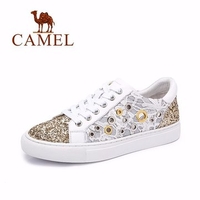 Camel Leather Lace Shiny Metal Color Match Lace Up Flat Casual Sport Shoes