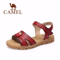 Camel Leather Metal Soft Peep Toe Hook Loop Flat Casual Sandals