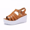 Camel Leather Pure Color Strappy Hollow Out Peep Toe Platform Gladiator Roman Sandals
