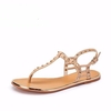 Camel Leather Rivet Button Metal T Strap Clip Toe Flat Buckle Sandals