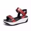 Camel Leather Shiny Pure Color Hook Loop Platform Adjustable Sandals