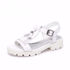 Camel Leather Tassel Peep Toe Buckle Soft Square Heel Sandals