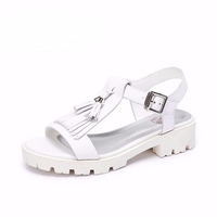 Camel Leather Tassel Peep Toe Buckle Soft Square Heel Sandals
