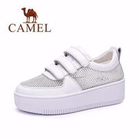 Camel White Leather Mesh Breathable Shiny Hook Loop Platform Casual Sport Shoes