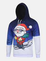 Cartoon Christmas Santa Skiing Printing Front Pocket Casual Sport Hoodies