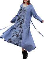 Casaul Printed Big Pocket O-Neck Long Sleeve Women Dresses