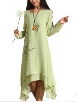 Casual Bamboo Printed Asymmetric Hem Fake Two-Piece Dress For Women