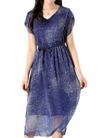 Casual Blue V-neck Petal Sleeves Star Printed Dresses