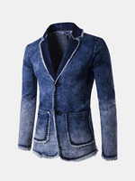 Casual Business Blue Suits Fashion Gradient Color Tassel Denim Washed Blazers for Men