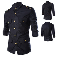 Casual Business Epaulest Half Sleeve Slim Fit Mid Long Band Collar Dress Shirts for Men