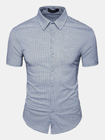 Casual Business Small Plaids Printed Short Sleeve Band Collar Dress Shirts for Men