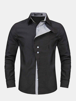 Casual Business Solid Color Plaid Placket Long-sleeved Slim Fit Dress Shirt for Men