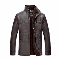Casual Business Thicken Inside Extra Fleece Solid Color Stand Collar PU Jacket for Men