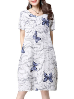 Casual Butterfly Printing O-Neck A-Line Midi Dress For Women