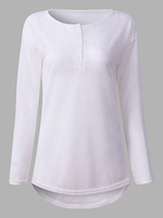 Casual Button Pure Color O-neck Long Sleeve Women T-shirt