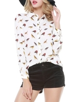 Casual Chiffon Birds Pattern Lapel Long Sleeve Women Blouse