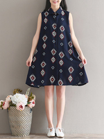 Casual Chiffon Printed Button Fly Turn-Down Collar Sleeveless Women Dresses
