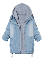 Casual Denim Drawstring Twinset Hooded Women Jacket Outerwear