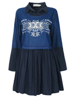 Casual Denim Patchwork Lapel Fake-Two Piece Pleated Mini Dress For Women