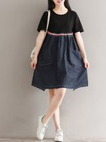Casual Denim Patchwork Pocket Short Sleeve O-neck Women Dress