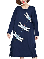 Casual Dragonfly Printed Long Sleeve Tassel Hem Dress For Women