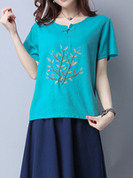 Casual Embroidered Frog Button Short Sleeve O-neck T-shirt For Women