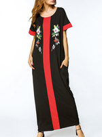 Casual Embroidered Loose Short Sleeve O-neck Women Maxi Dress