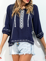 Casual Embroidered O-neck 3/4 Sleeve Blouse For Women