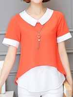 Casual Fake Two Pieces Lapel Short Sleeve Blouse For Women