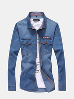 Casual Fashion Denim Embroidery Double Pockets Plus Size Dress Shirt For Men