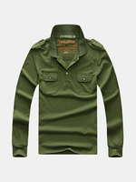 Casual Fashion Double-Pockets Solid Color Turn-Down Collar Long Sleeve T-Shirt For Men