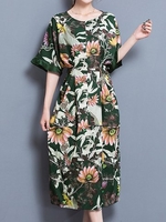Casual Floral Print Loose Half Sleeve O-neck Maxi Dress For Women