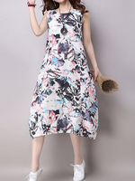 Casual Floral Print Loose Sleeveless O-neck Dress For Women