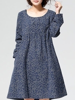 Casual Floral Printed O-Neck Long Sleeve A-line Dress For Women