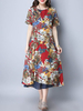 Casual Floral Printed O-Neck Short Sleeve Women Slit Dresses