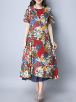 Casual Floral Printed O-Neck Short Sleeve Women Slit Dresses