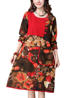 Casual Flower Printed Patchwork Pocket Dress For Women