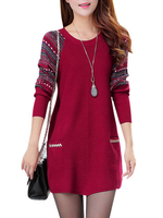 Casual Geometric Patchwork O-Neck Long Sleeve Pocket Sweater For Women