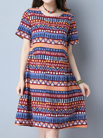 Casual Geometric Print Loose Short Sleeve O-neck Dress For Women