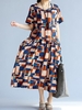 Casual Geometric Print Loose Short Sleeve O-neck Maxi Dress For Women