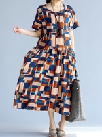 Casual Geometric Print Loose Short Sleeve O-neck Maxi Dress For Women