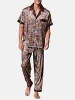 Casual Imitation Silk Home Sleepwear Sets Printing Short Sleeve Long Pants Pajamas for Men