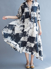 Casual Ink Print Loose Half Sleeve Stand Collar Maxi Dress For Women